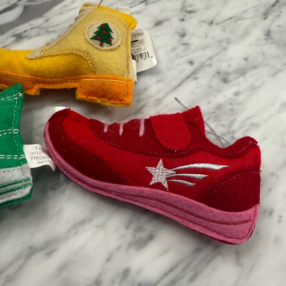 NWT Handcrafted Felt Ornament Set - Green, Yellow, Red Shoes Sneakers Boots - Picture 2 of 3